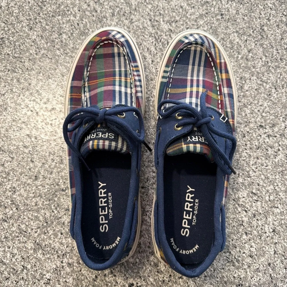Sperry Boat Shoes Mens 8 Halyard Pretty Plaid Casual Navy STS22763